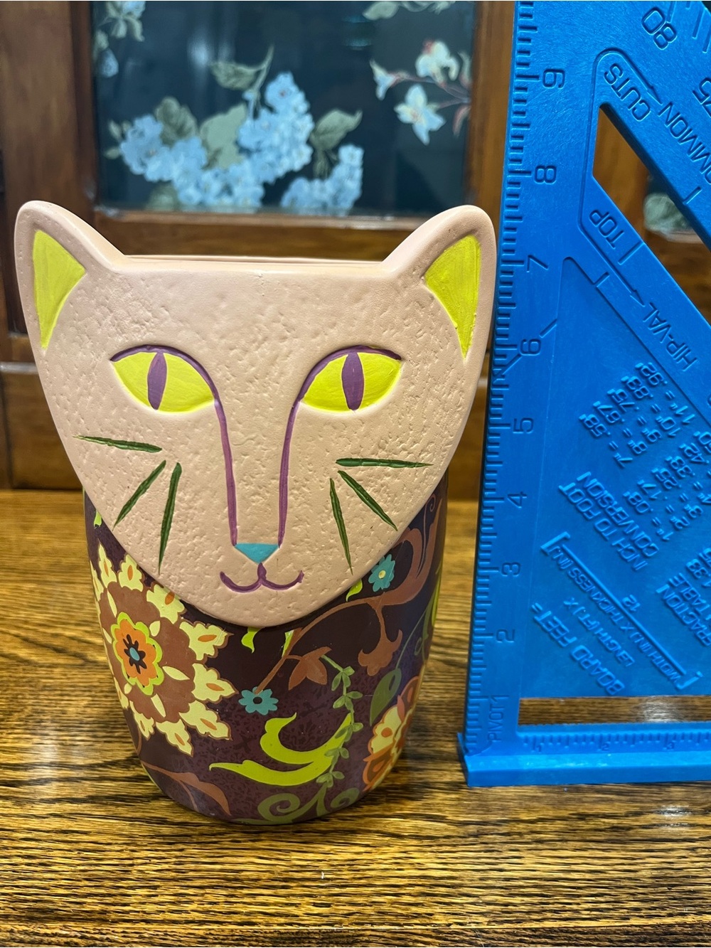 Lori Siebert Cat Planter – Colorful Floral Folk Art Whimsical Kitschy Approx 7” - Picture 7 of 7